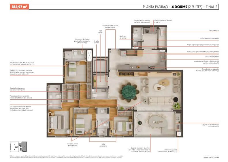 Planta com 4 dormitórios e 2 suítes