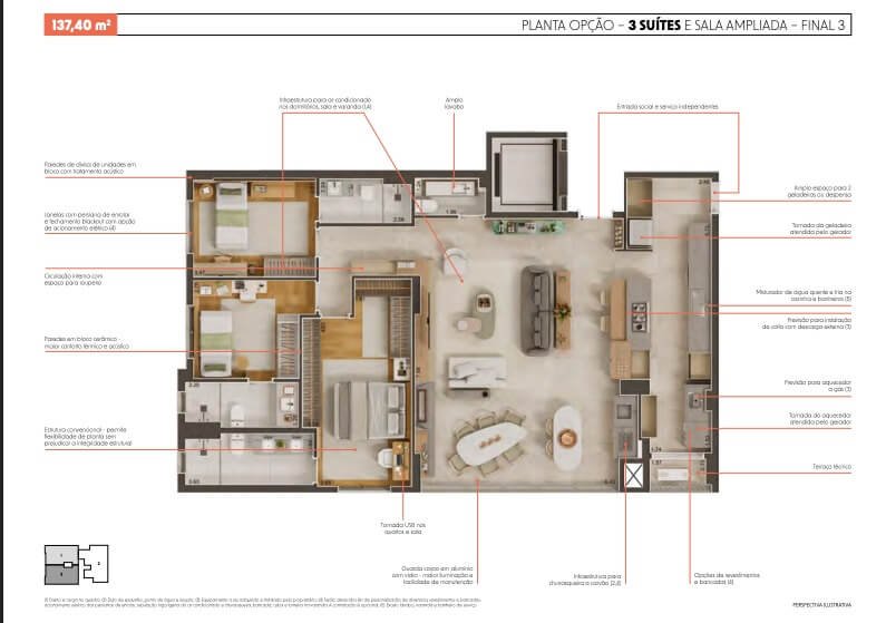 Opção com 3 suítes e sala ampliada