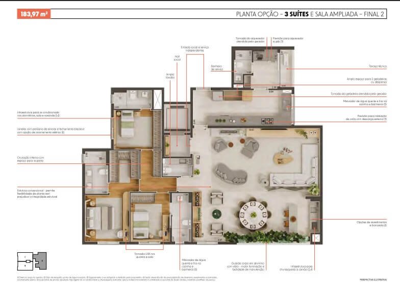 Planta de opção com 3 suítes e sala ampliada