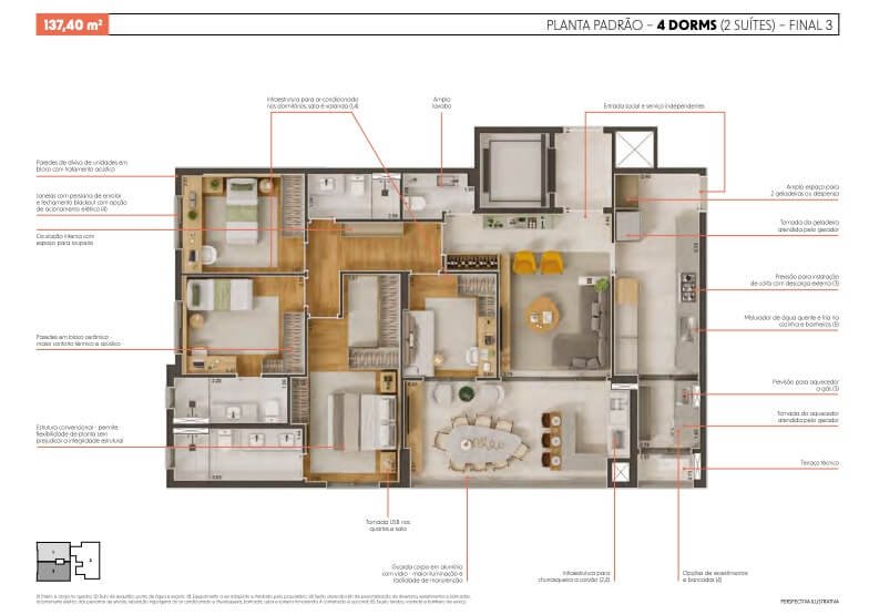 Planta padrão com 4 dormitórios e 2 suítes